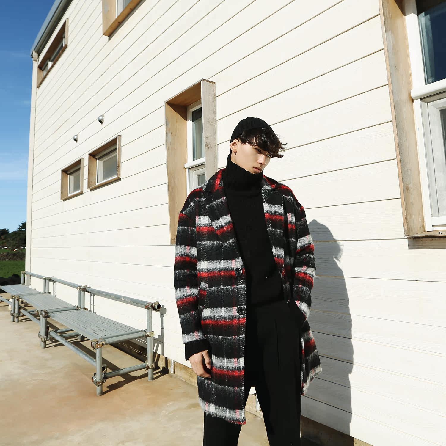 connive 时尚冬装中长款毛呢大衣男士撞色条纹气质加厚外套