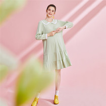 (Front placket open breastfeeding) pregnancy color maternity dress spring and autumn knee lattice knitted skirt pleated cake skirt