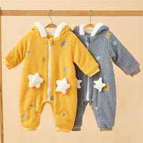Pregnancy color baby baby winter Teddy velvet three-dimensional small star hooded cotton cotton one-piece clothes baby foreign atmosphere out to hold clothes