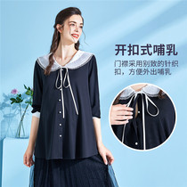 (Placket open button breastfeeding) pregnancy color pregnant women Spring and Autumn Korean version of age-reducing doll shirt mesh stitching shirt