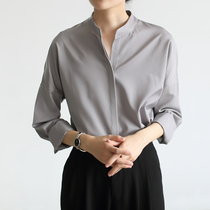 LIMONN design sense niche temperament gray long sleeve shirt female autumn V collar satin shirt retro port flavor commute