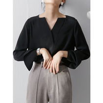 LIMONN design sense niche satin black V-neck long sleeve shirt female retro commuter OL temperament shirt spring and autumn