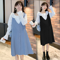 Maternity dress autumn mid-length long-sleeved shirt loose belly cover spring and autumn top two-piece autumn suit