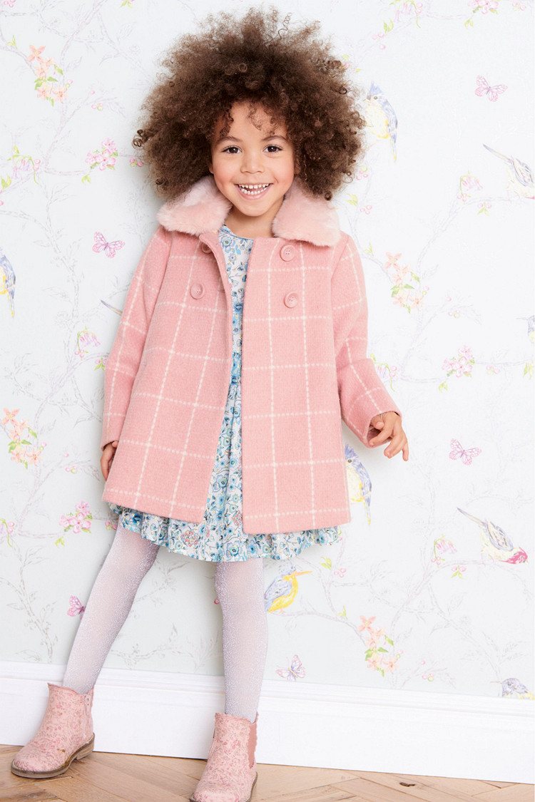 英国next正品童装代购19春冬女童宝宝粉色方格仿皮毛领口大衣外套