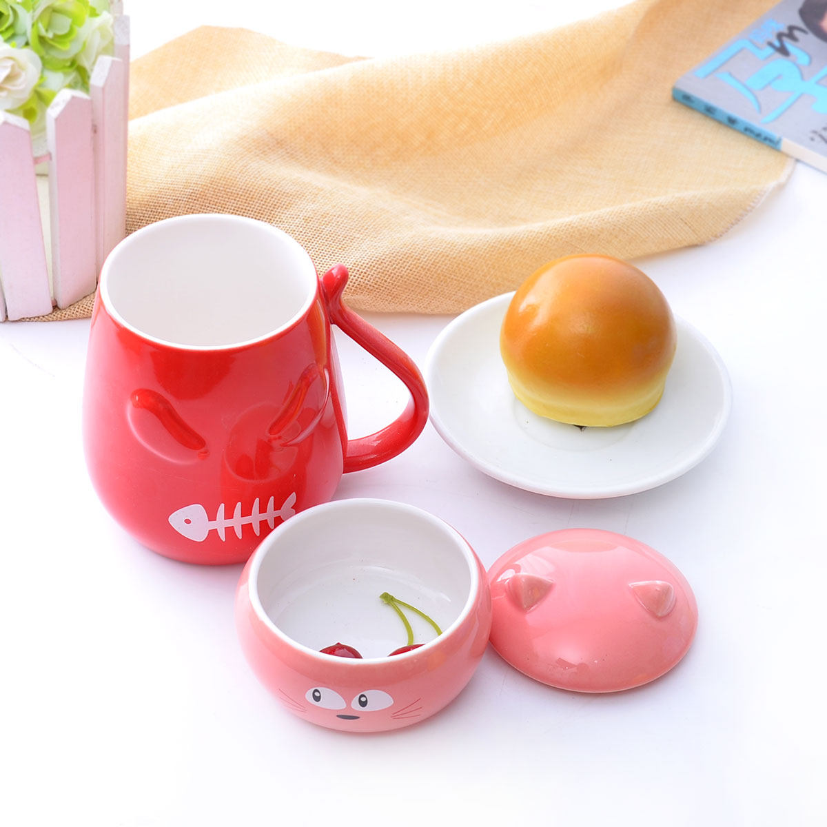 创意猫咪陶瓷杯糖果色双层超大容量马克杯带盖勺水杯下午茶点心杯