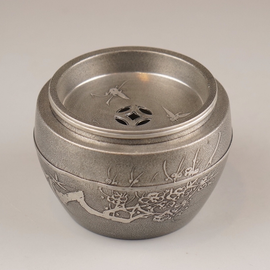 【西】B161 煎茶道具 錫製 建水 锡制水钵建水茶道具纯锡茶洗雕刻锡精品北阳堂出品锡器日本原装