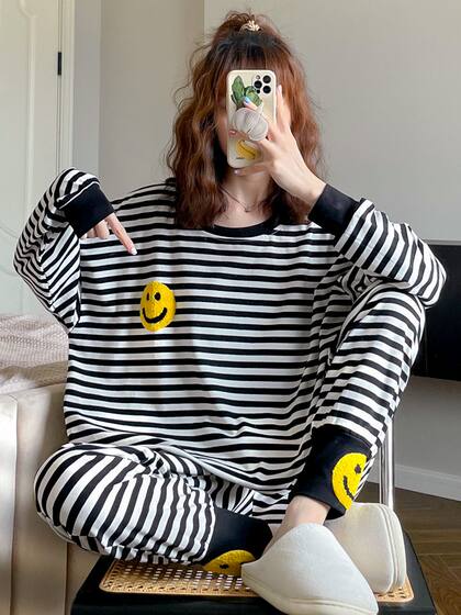 여성을위한 새로운 가을 줄무늬 스마일 잠옷 순수한 면화 긴 소매 바지 가을과 겨울 가정 옷을위한 느슨한 풀오스 여성을위한 새로운 가을 줄무늬 스마일 잠옷 순수한 면화 긴 소매 바지 가을과 겨울 가정 옷을위한 느슨한 풀오스