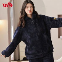 Coral velvet pajamas womens autumn and winter thickened warm cardigan ladies flannel comfortable home clothing set Net red tide