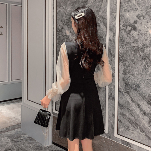 Autumn and winter 2020 new fashion foreign style long sleeve little black dress mesh splicing celebrity birthday black d