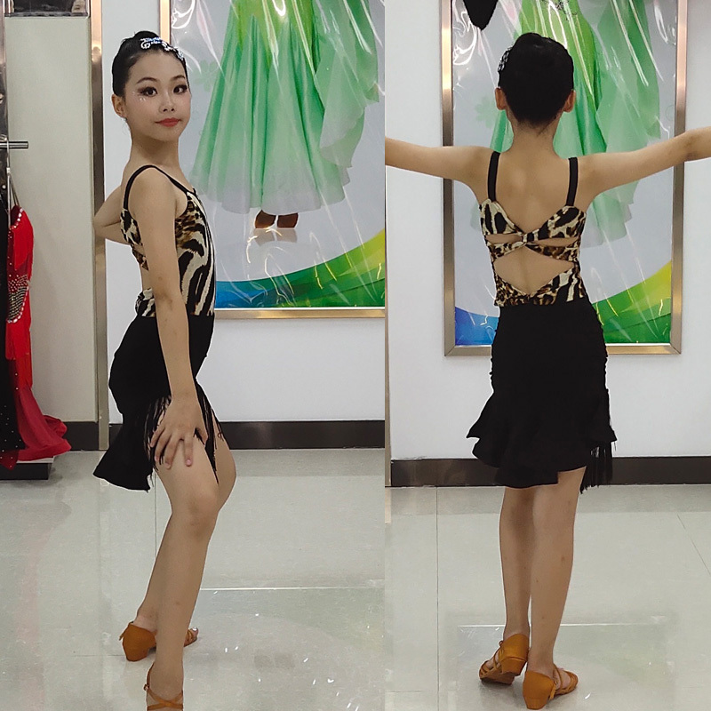 Girls Latin Dance Dresses Latin Dance Practice Gongfu Daughter Leopard Ribbon Performing Dress Professional Liusu Back Dance Performing Dress