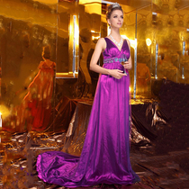 Lan Kwai Fong Deep v Sexy trailing evening dress Bride Wedding Dress Purple Toast to Walk Show Host Banquet Dress Dress