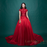 2016新款钉珠大红色双肩修身显瘦长拖尾婚纱