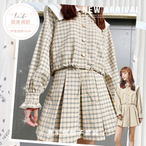  Zuai(Big Pai Navy style suit)Plaid drawstring small sweet age-reducing two-piece set female