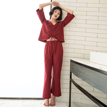 Pajamas female spring and autumn cotton suit seven-point sleeve sexy split two-piece red can wear home clothes