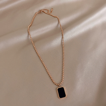 999 Pure Silver 925 Foot Silver Black Square Card Pendant Necklace Woman Lukewarm Wind Small Crowd Design Fashion Collarbone Neck Chain