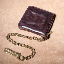 Cowboy handmade cowhide mens short zipper bag original vintage fold wallet copper chain leather horizontal wallet