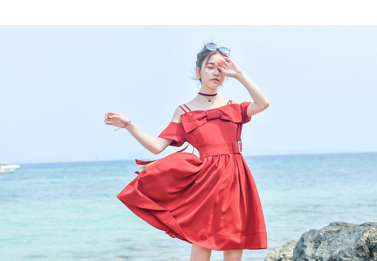 原创设计森女部落复古小红裙高腰气质连衣裙蝴蝶结吊带裙夏季新款