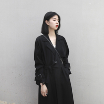 2021 New Korean black windbreaker coat Womens Spring and Autumn long small British wind coat casual