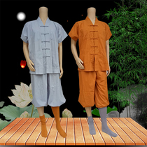 Monk clothes Monk clothes Paris brand short-sleeved monk clothes TC cotton buckle yellow light gray Buddhist supplies Lay clothes Monk shoes and socks