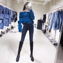 Giant thin dark blue high-waisted jeans female 2021 New Vintage Old tight slim hole small foot pants