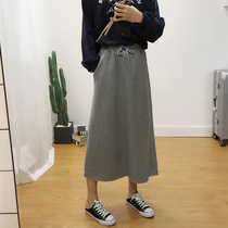  Casual sports style a-line skirt womens autumn terry cotton Korean version loose medium and long elastic waist pocket umbrella skirt