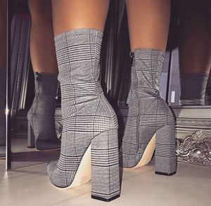 European and American Plaid thick heel pointed high heel women’s boots Knight boots