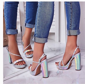 High heeled sandals silver one word with thick heel waterproof platform