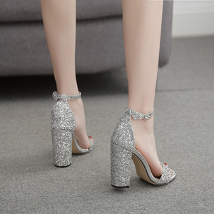 European and American high heel sandals with thick heels and sexy silver sequins