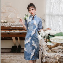 2022 new improved flag robes flying cranes Long paragraph 70% sleeves Body Banter Daily Dress China Wind Summer