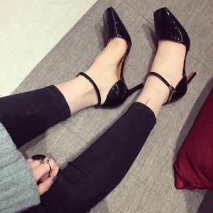 17春季新款方头简约纯色高跟细跟脚脖系带女单鞋