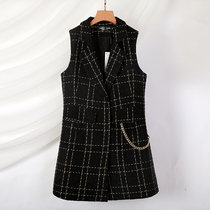 Korean fashion autumn and winter womens waistcoat small fragrance wind long slim vest gold line horse clip wool coat tide