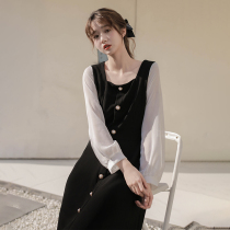 Fa-style retro splicing snow spinning hymn dress 2022 spring new small sub-palace tints with slim temperament long dress
