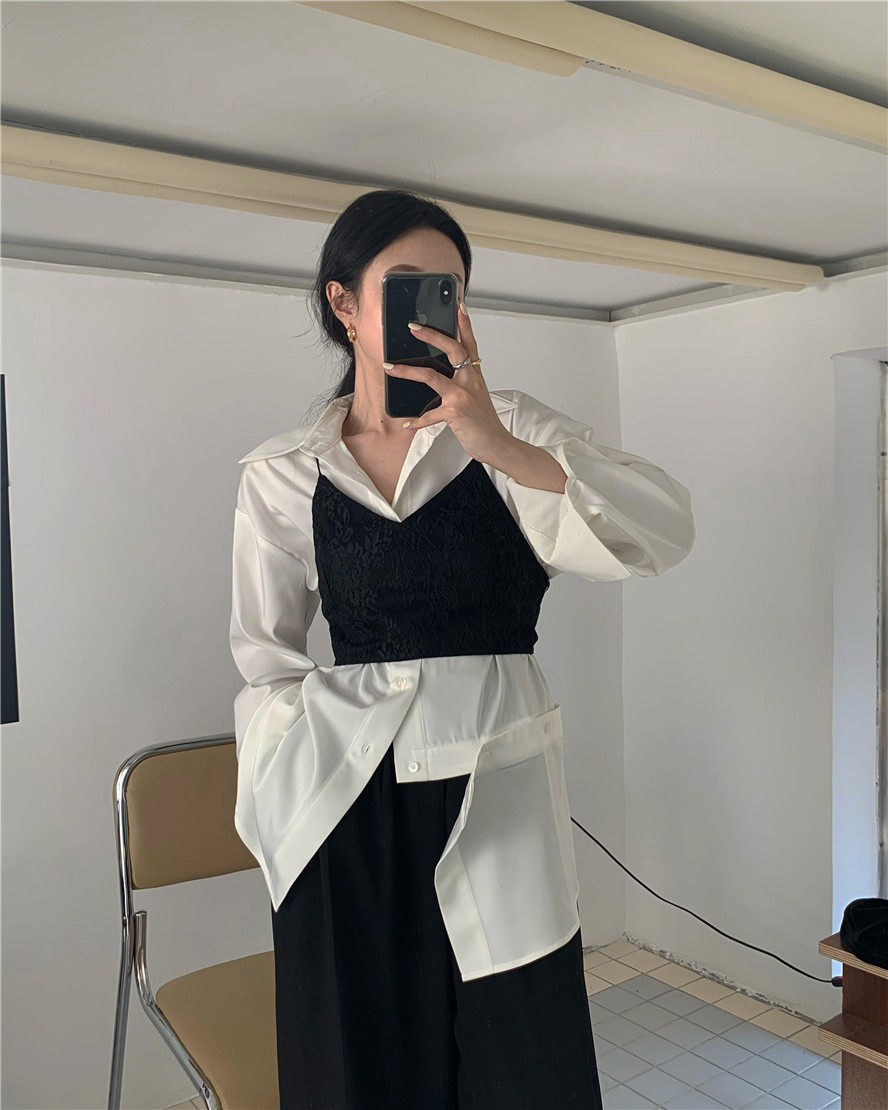 实拍缎面白衬衫女长袖春秋蕾丝黑色吊带背心上衣设计感