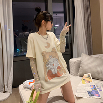 NCZZ cartoon printed top 2020 summer new Korean version loose and wild fashion Western style casual fake two pieces