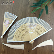 Fan folding fan Chinese style womens portable white small fan Classical summer Hanfu printing small bamboo fan Dance fan