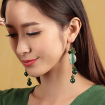 Loulan Inn National Wind Leaves Green Glazed Earrings Long Temperament Female Retro Earrings