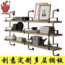 Creative American loft retro word solid wood shelf Living room study wall cabinet Wrought iron multi-layer board shelf