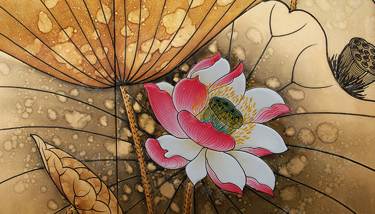 金玉满堂 金箔九鱼图 手绘漆画隔断现代中式折叠玄关彩绘荷花屏风