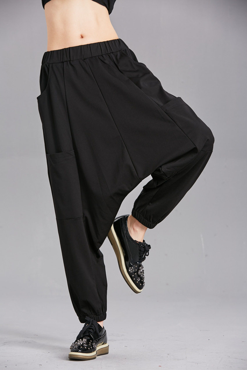 欧美春秋休闲宽松大裆裤长黑色灯笼裤大码束脚哈伦裤运动阔腿裤