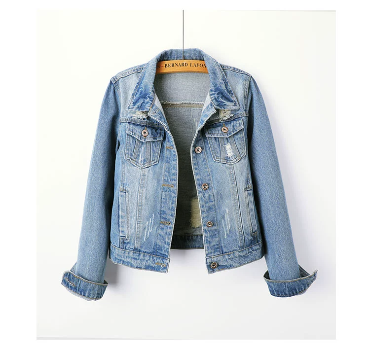 Sản phẩm mới của phụ nữ ngắn Hàn Quốc áo khoác denim mỏng mỏng cổ tròn dài tay áo choàng denim áo ghi lê áo khoác ghi lê không cổ áo triều - Áo khoác ngắn