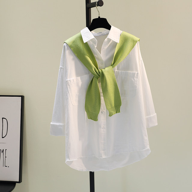 Avocado green shawl cotton and linen white shirt female 2020 autumn new casual two-pocket shirt jackets Avocado green shawl cotton and linen white shirt female 2020 autumn new casual two-pocket shirt jackets