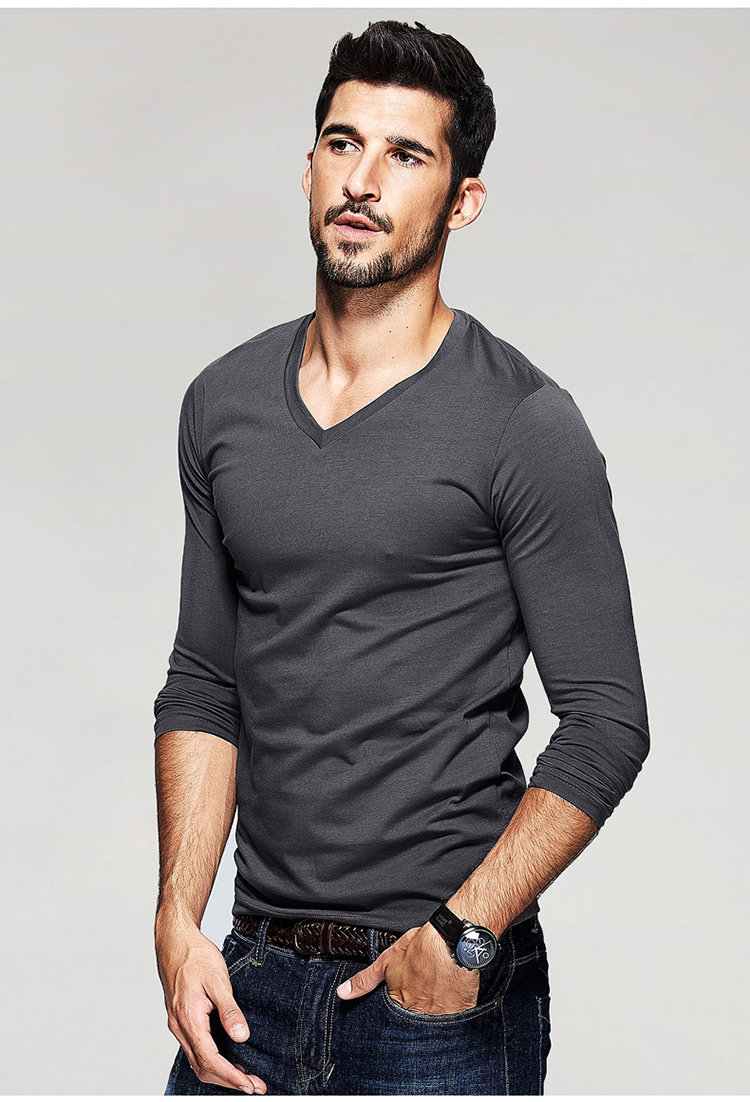 男士v领黑色打底衫 男纯色长袖t恤 男装韩版紧身打底衣622