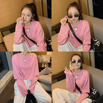 Short long sleeve T-shirt female 2021 Autumn New Korean version loose hole cotton base shirt round neck high waist top