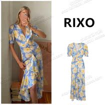 France Buy RIXO Spring Summer Floral Blue Print V-Neck Bubble Sleeves Lotus Brimmed Medium Split Dress