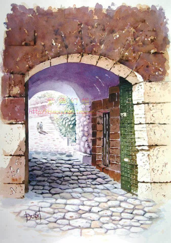 法国大师手绘 动漫卡通梦幻 水粉水彩建筑场景插画临摹绘画素材