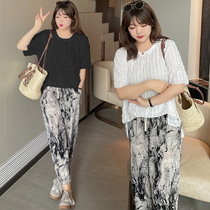 220 catty womens dress suit Fat mm trendy casual short sleeve T-shirt loose 90% pants bunches pants two-piece set