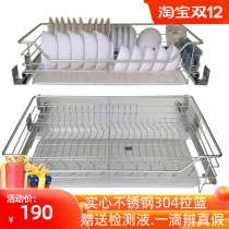 Kitchen cabinet pull basket 304 stainless steel double buffer drawer type Bowl basket kitchen cabinet seasoning storage bowl rack built-in