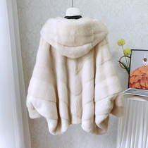 Imported velvet mink coat womens whole mink hooded mid-length bat sleeve cape young mink fur