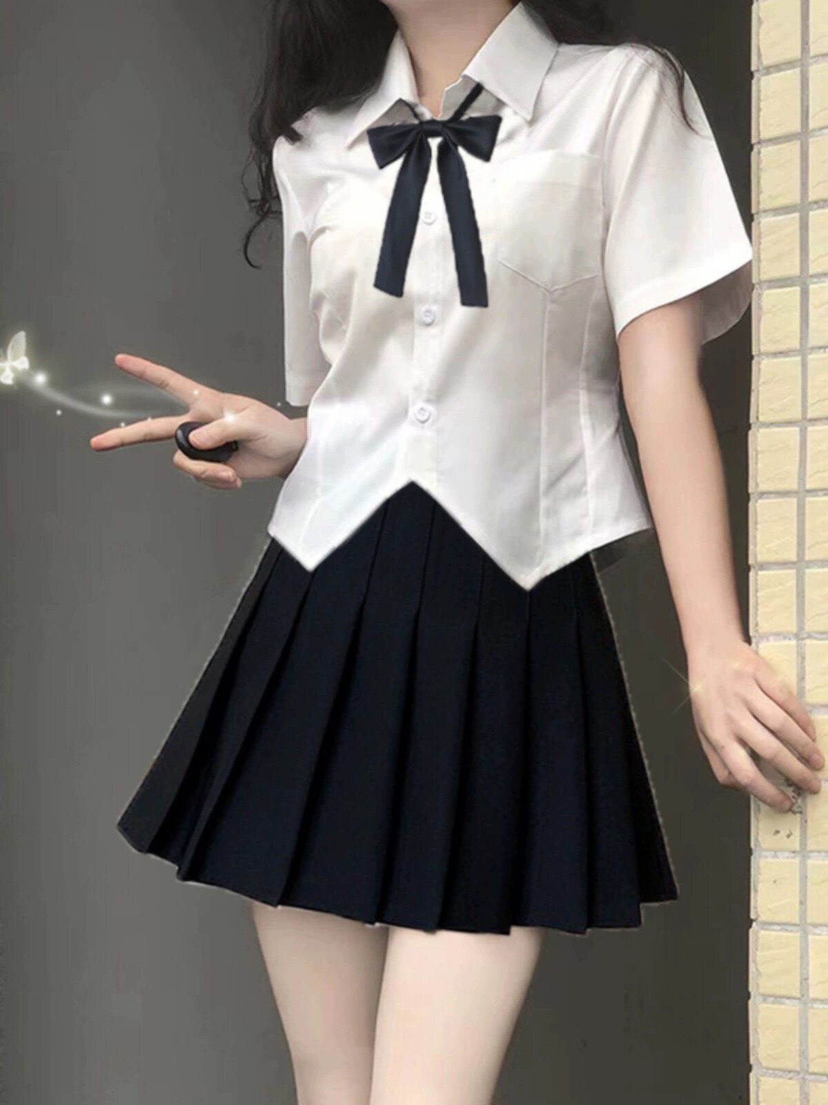 学院风小个子jk制服套装学生夏收腰衬衫女短袖白衬衣百褶裙两件套