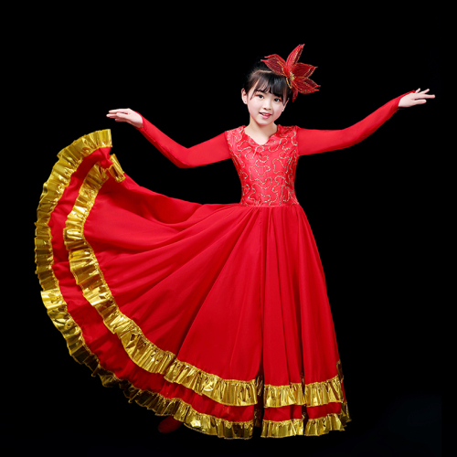 Red with gold flamenco dance dress for girls kids opening dance big swing skirt spanish bull Dance Costume stage performance chorus dress